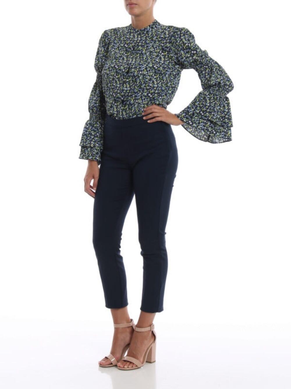 Michael Kors Floral Crepe Long Bell Sleeves Collarless Button Down Blouse XXS
